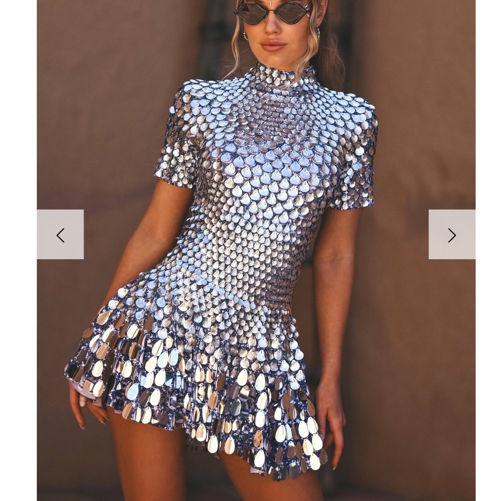 NWT Born in Stockholm Melanie metallic party dress silver festival mini large - Picture 2 of 13